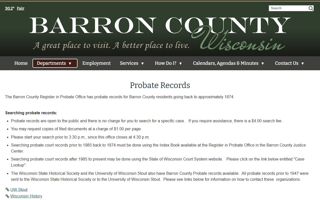Barron County probate court records office page