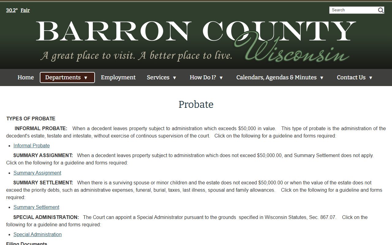 Barron County probate court records directory and forms resource