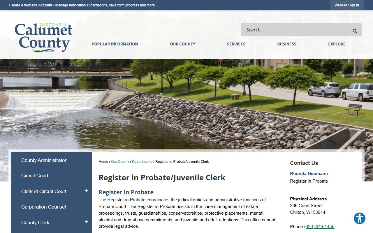 Calumet County probate court records register in probate juvenile clerk office