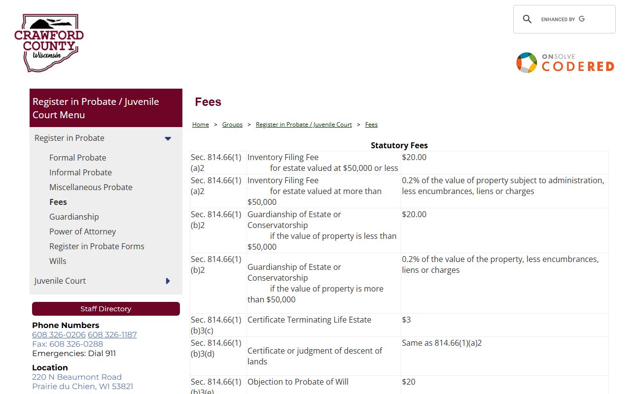 Crawford County probate court records fee page