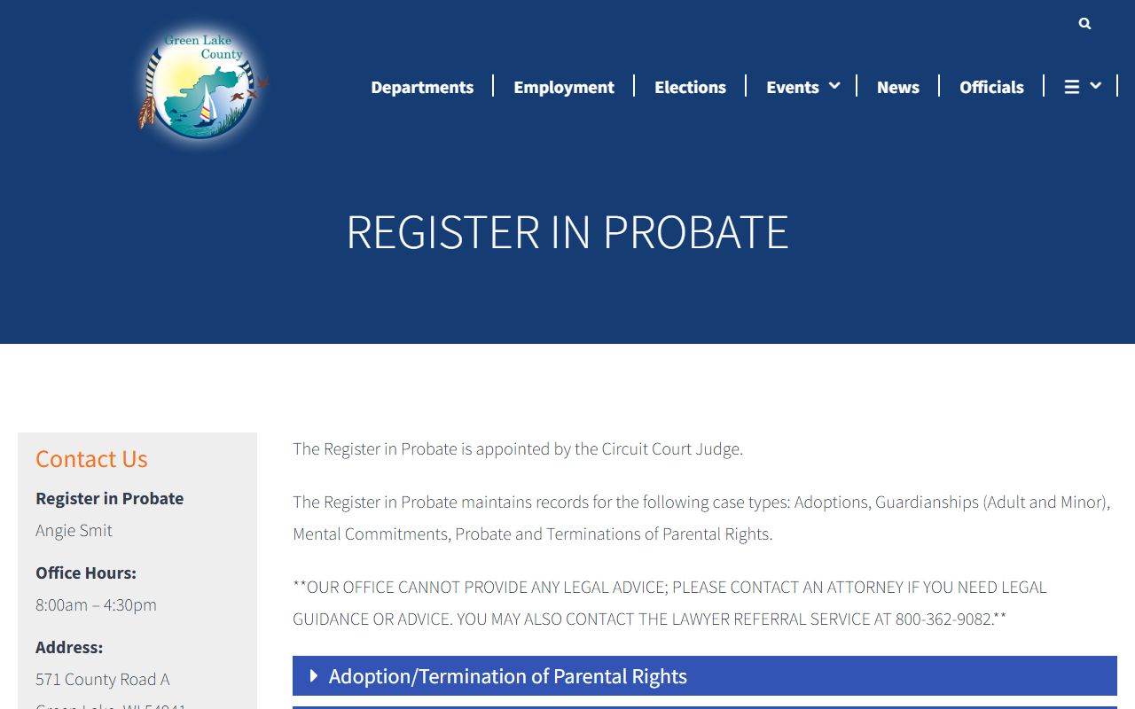 Green Lake County probate court records register in probate landing page image