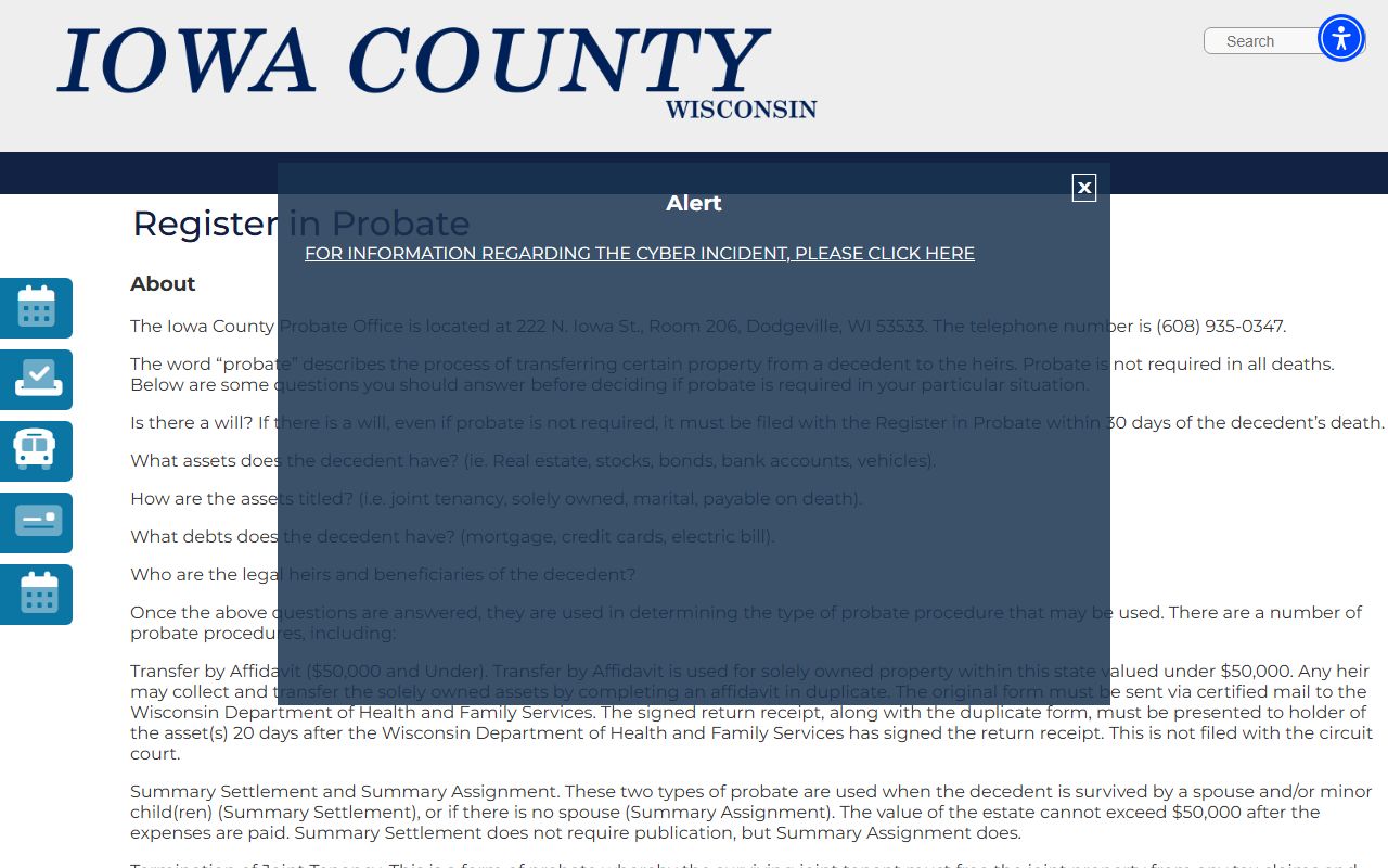Iowa County Probate Court Records register in probate landing page image