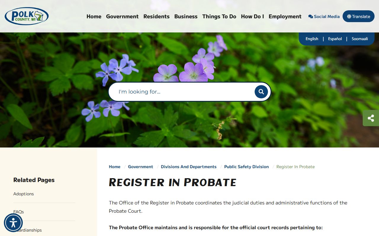 Polk County probate court records register in probate landing page image