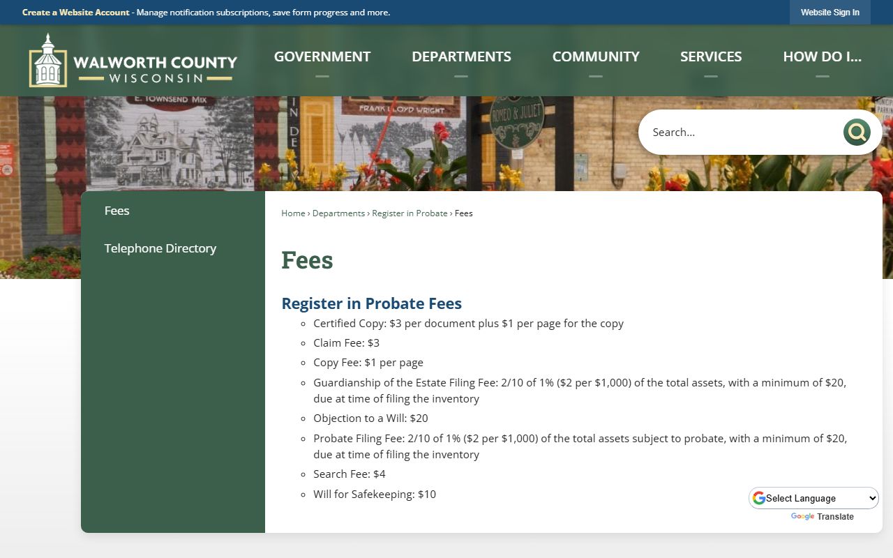 Walworth County probate court records fees page image