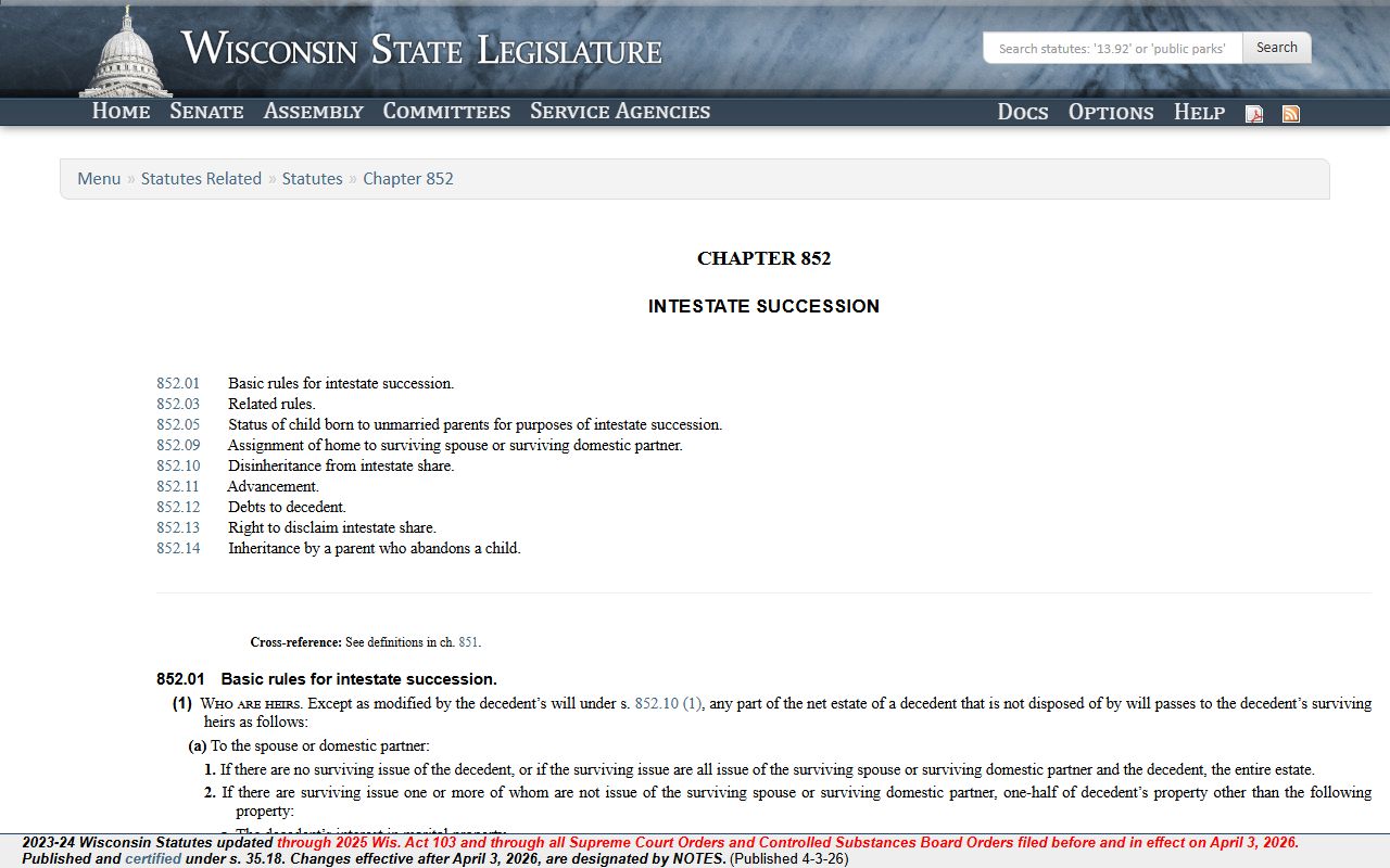 Jackson County probate court records Wisconsin statutes chapter 852 image